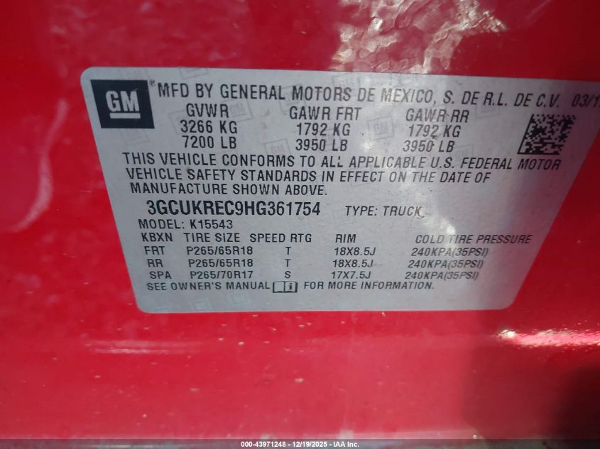 2017 Chevrolet Silverado 1500 2Lt VIN: 3GCUKREC9HG361754 Lot: 43971248