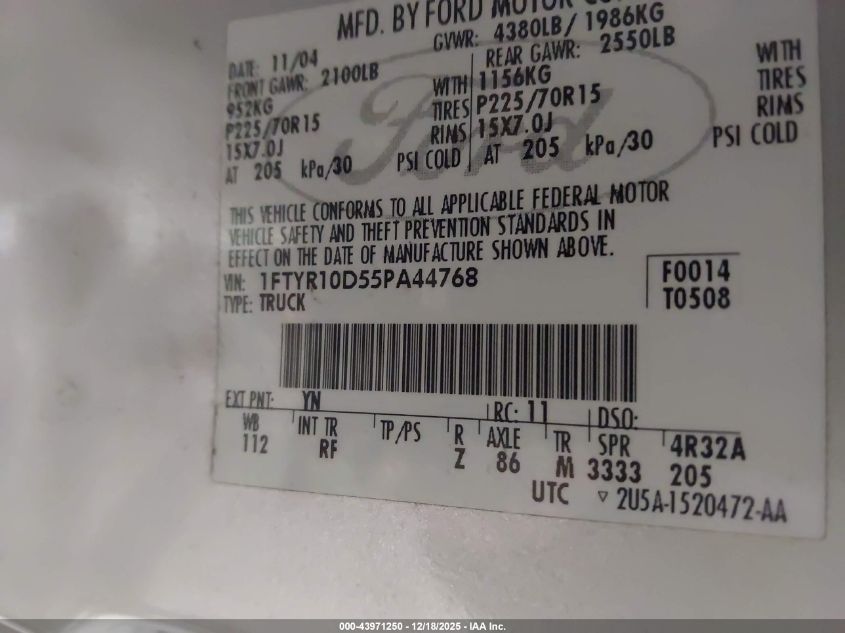 2005 Ford Ranger Xl/Xls/Xlt VIN: 1FTYR10D55PA44768 Lot: 43971250