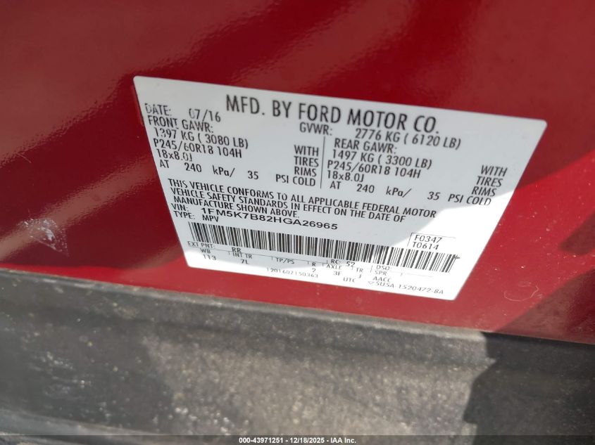 2017 Ford Explorer VIN: 1FM5K7B82HGA26965 Lot: 43971251