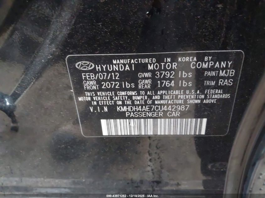 2012 Hyundai Elantra Gls (Ulsan Plant) VIN: KMHDH4AE7CU442987 Lot: 43971252