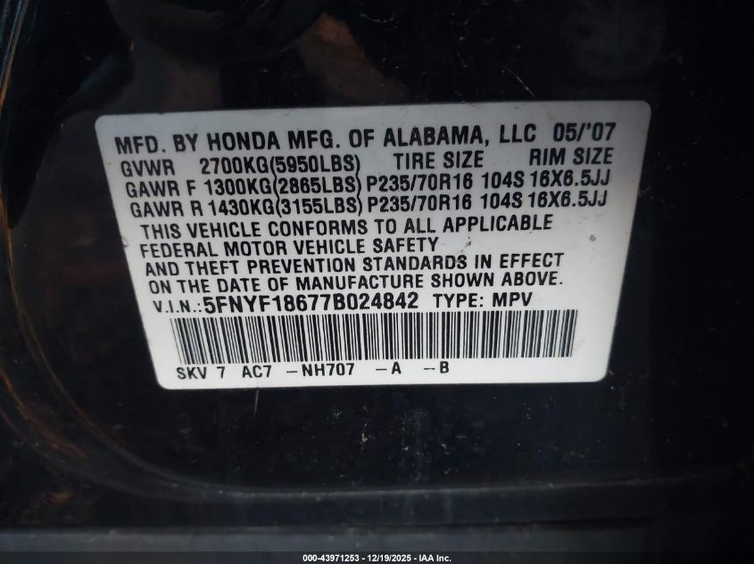 2007 Honda Pilot Ex-L VIN: 5FNYF18677B024842 Lot: 43971253
