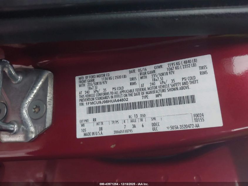 2017 Ford Escape Titanium VIN: 1FMCU9J98HUA44802 Lot: 43971254