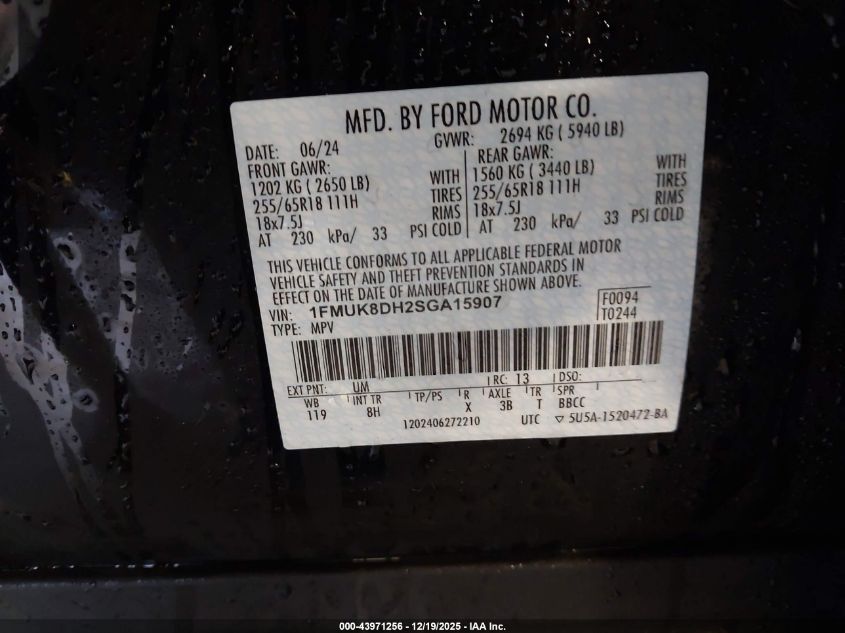 2025 Ford Explorer Active VIN: 1FMUK8DH2SGA15907 Lot: 43971256