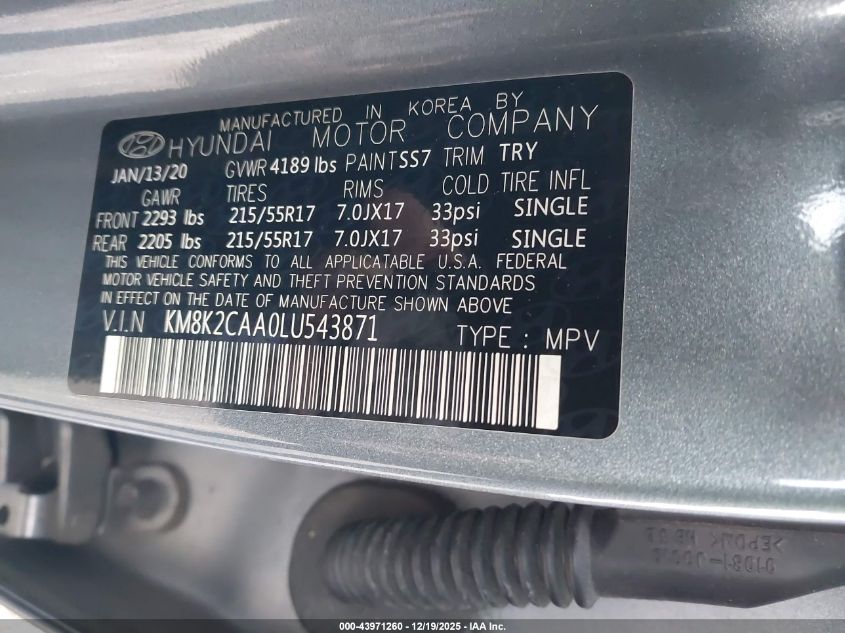 2020 Hyundai Kona Sel VIN: KM8K2CAA0LU543871 Lot: 43971260