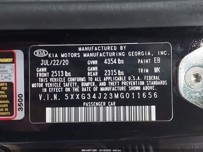 2021 Kia K5 Ex VIN: 5XXG34J23MG011656 Lot: 43971265