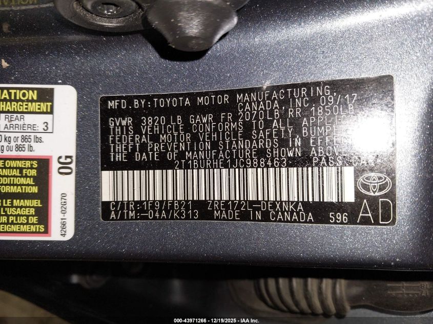 2018 Toyota Corolla Le VIN: 2T1BURHE1JC988463 Lot: 43971266