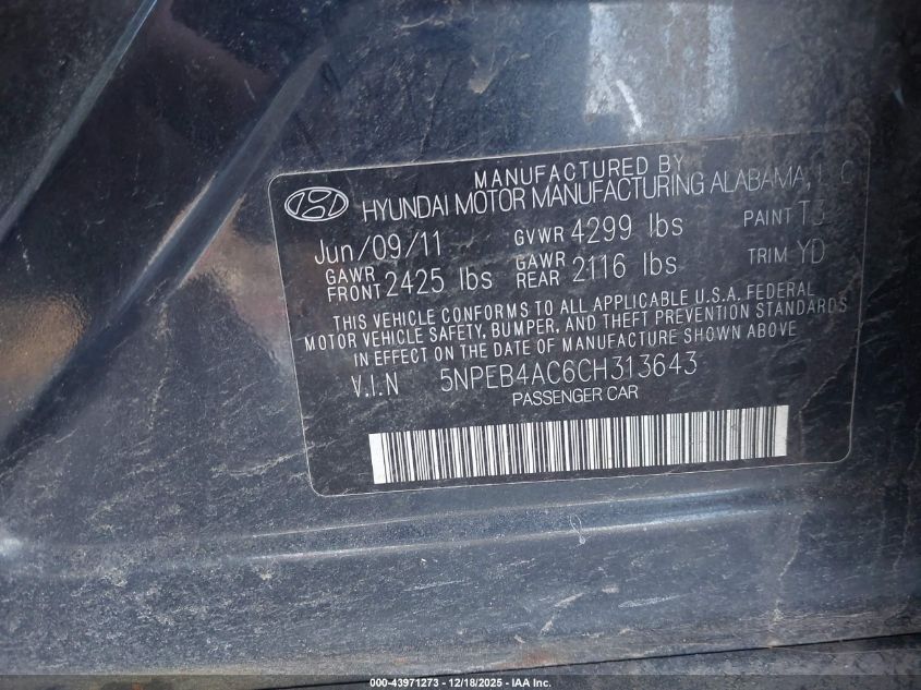 2012 Hyundai Sonata Gls VIN: 5NPEB4AC6CH313643 Lot: 43971273