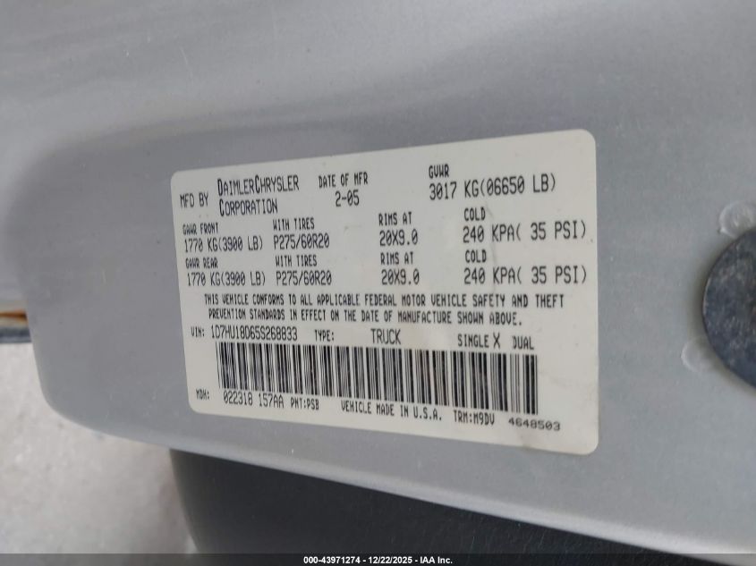 2005 Dodge Ram 1500 Slt/Laramie VIN: 1D7HU18D65S268833 Lot: 43971274