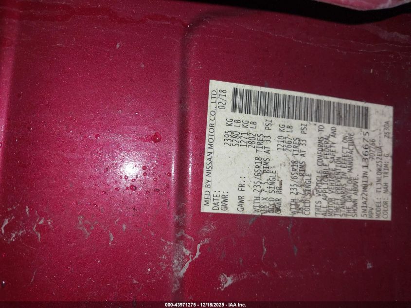 2018 Nissan Murano Sv VIN: 5N1AZ2MH1JN136675 Lot: 43971275