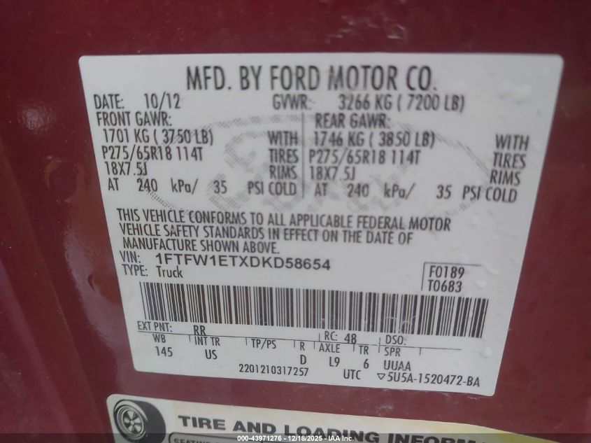 2013 Ford F-150 Xlt VIN: 1FTFW1ETXDKD58654 Lot: 43971276