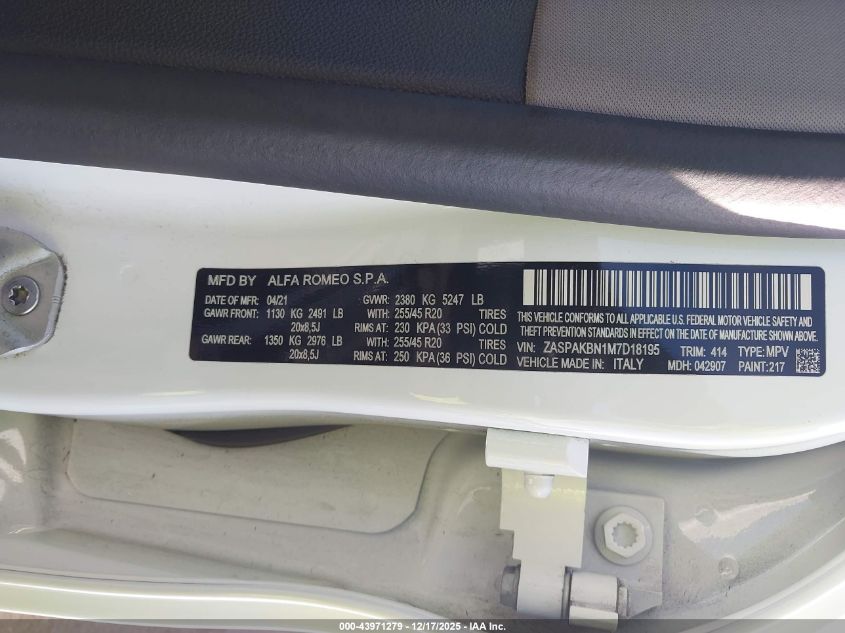 2021 Alfa Romeo Stelvio Ti Awd VIN: ZASPAKBN1M7D18195 Lot: 43971279