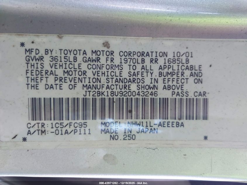 2002 Toyota Prius VIN: JT2BK18U920043246 Lot: 43971282