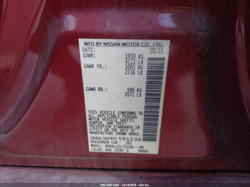 2015 Nissan Altima 2.5 S VIN: 1N4AL3AP4FC591536 Lot: 43971283