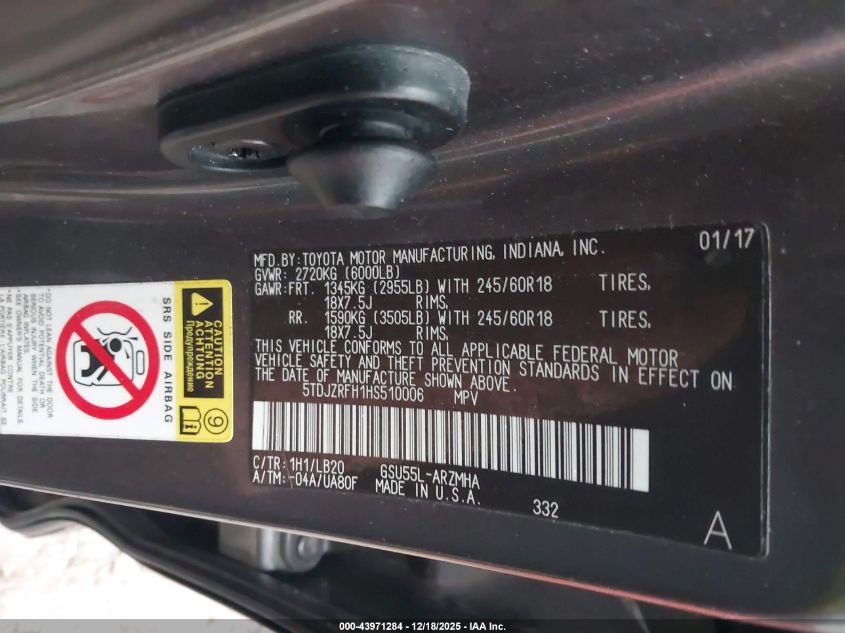 2017 Toyota Highlander Xle VIN: 5TDJZRFH1HS510006 Lot: 43971284