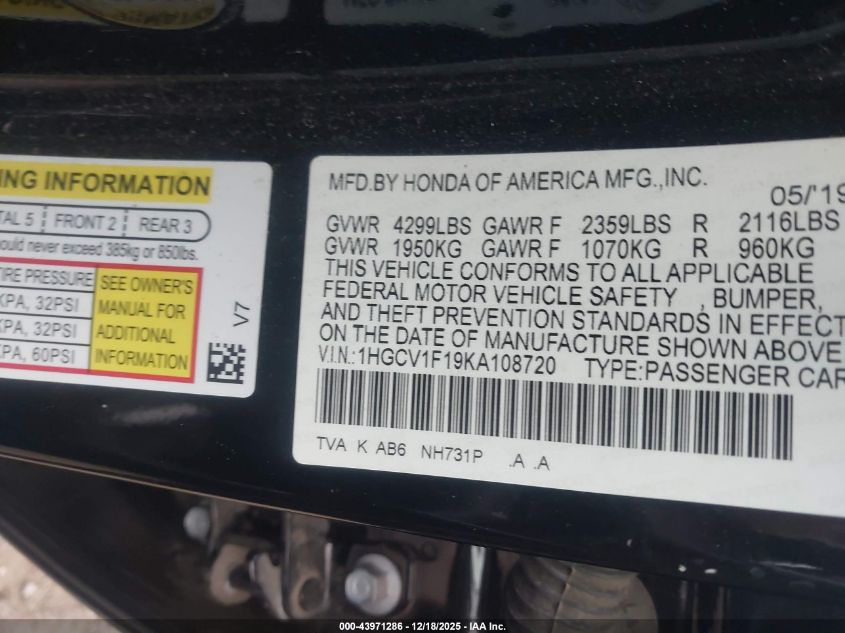 2019 Honda Accord Lx VIN: 1HGCV1F19KA108720 Lot: 43971286