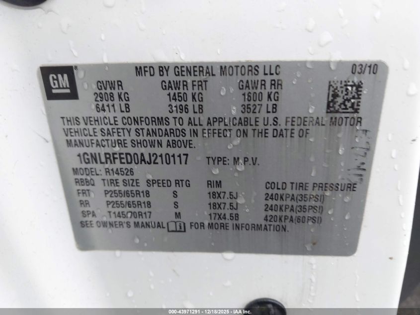 2010 Chevrolet Traverse Lt VIN: 1GNLRFED0AJ210117 Lot: 43971291