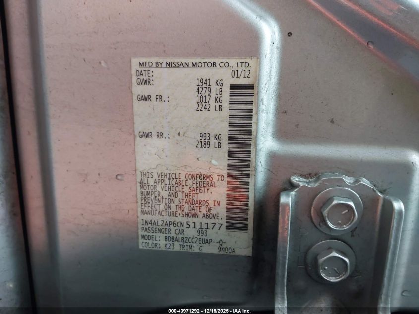 2012 Nissan Altima 2.5 S VIN: 1N4AL2AP6CN511177 Lot: 43971292