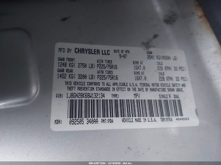 2008 Jeep Liberty Sport VIN: 1J8GN28K68W132134 Lot: 43971294