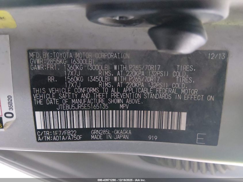 2014 Toyota 4Runner Sr5 VIN: JTEBU5JR5E5165135 Lot: 43971298