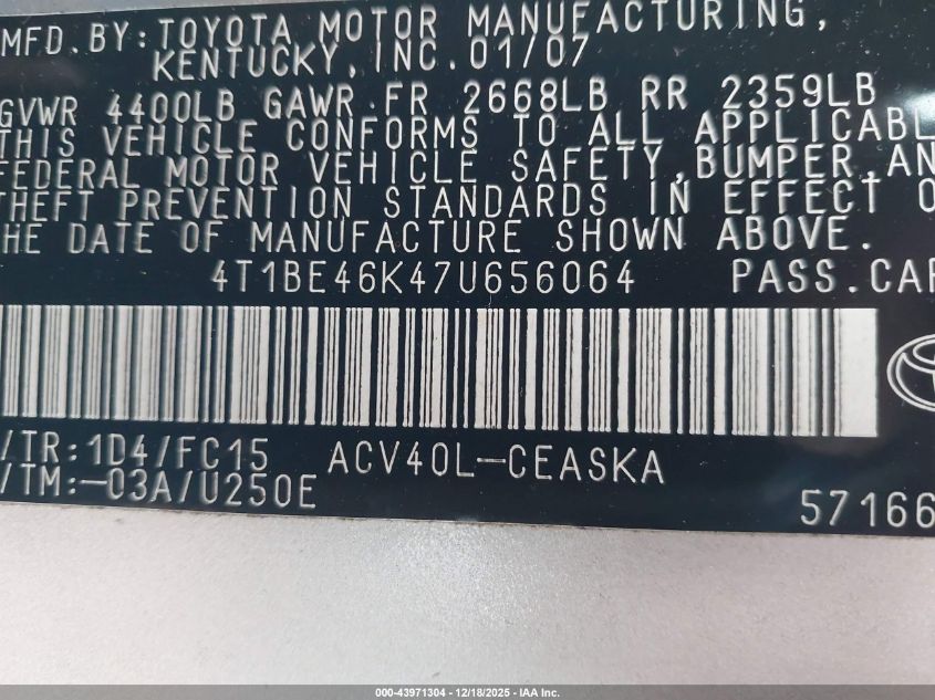 2007 Toyota Camry Se VIN: 4T1BE46K47U656064 Lot: 43971304