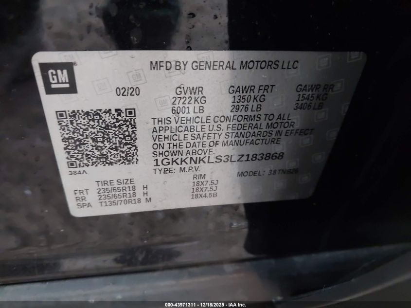 2020 GMC Acadia Sle VIN: 1GKKNKLS3LZ183868 Lot: 43971311