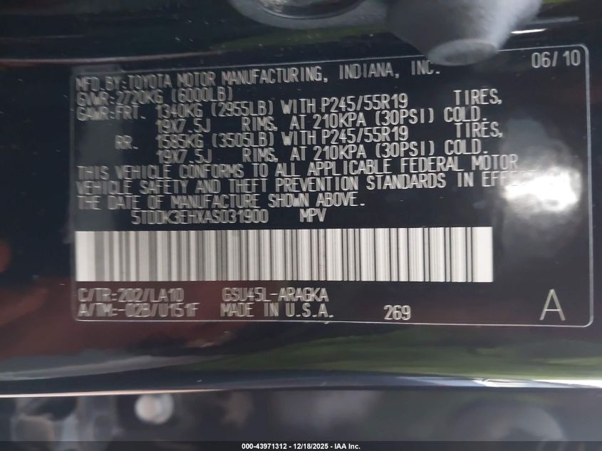 2010 Toyota Highlander Limited V6 VIN: 5TDDK3EHXAS031900 Lot: 43971312