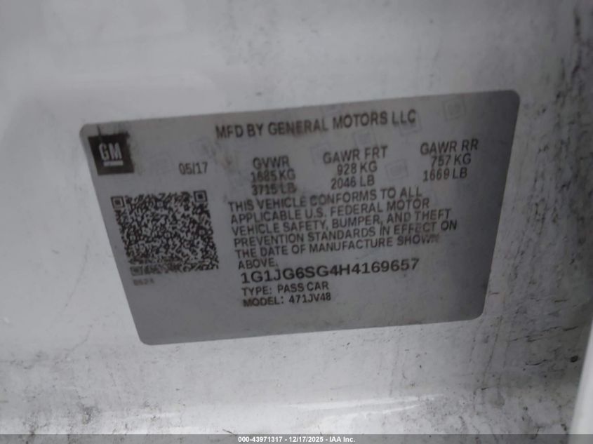 2017 Chevrolet Sonic Lt Auto VIN: 1G1JG6SG4H4169657 Lot: 43971317