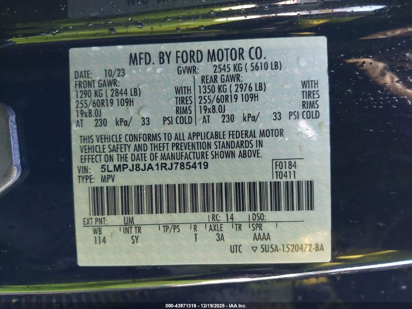 2024 Lincoln Nautilus Premiere VIN: 5LMPJ8JA1RJ785419 Lot: 43971316