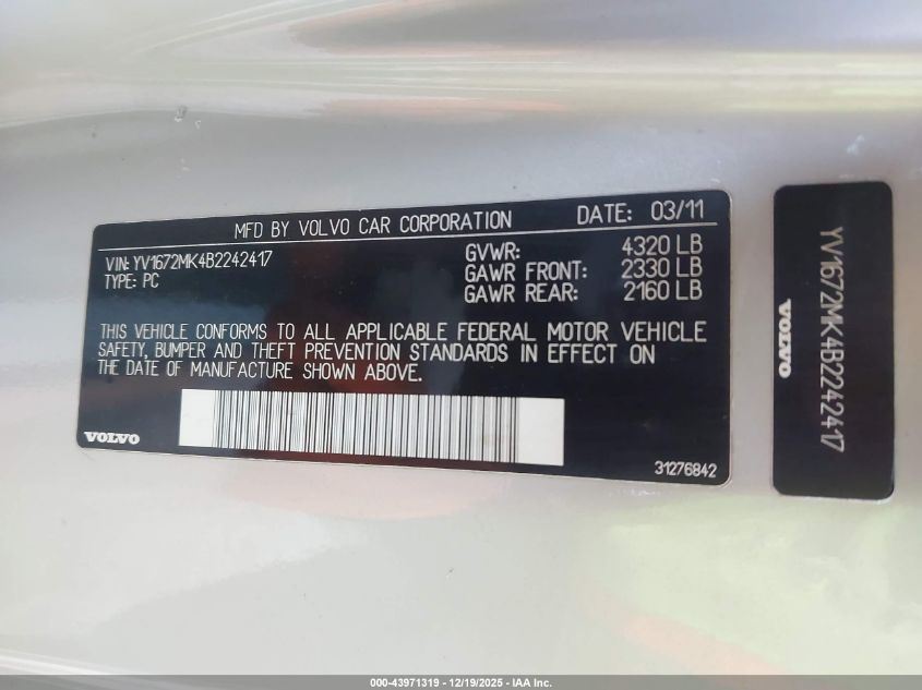 2011 Volvo C30 T5 VIN: YV1672MK4B2242417 Lot: 43971319