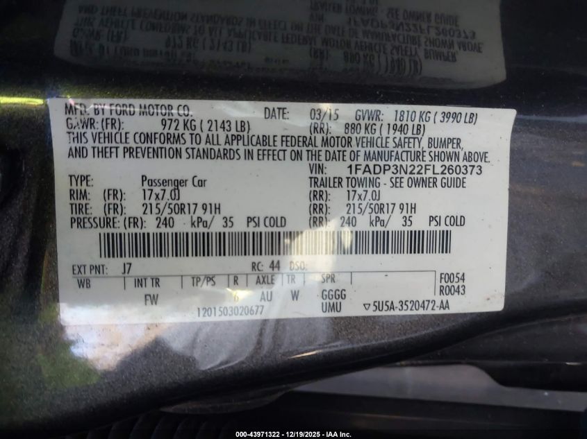 2015 Ford Focus Titanium VIN: 1FADP3N22FL260373 Lot: 43971322