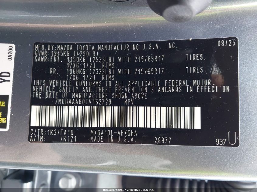 2026 Toyota Corolla Cross Le VIN: 7MUBAAAG0TV152729 Lot: 43971324