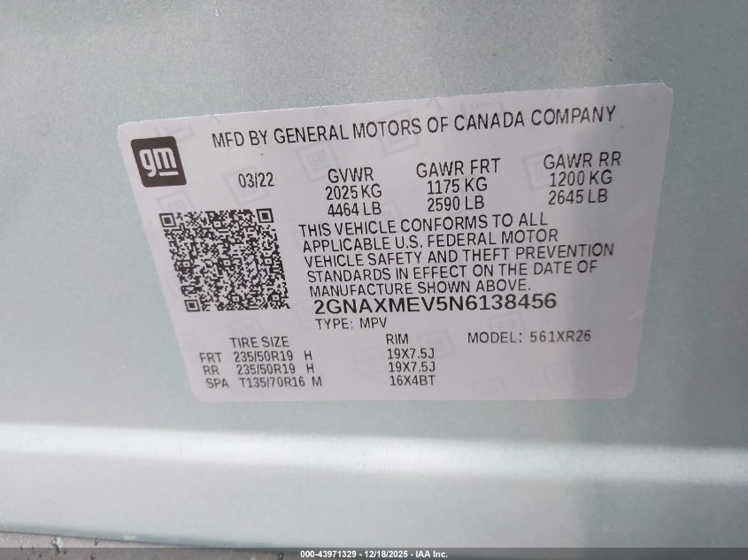 2022 Chevrolet Equinox Fwd Rs VIN: 2GNAXMEV5N6138456 Lot: 43971329