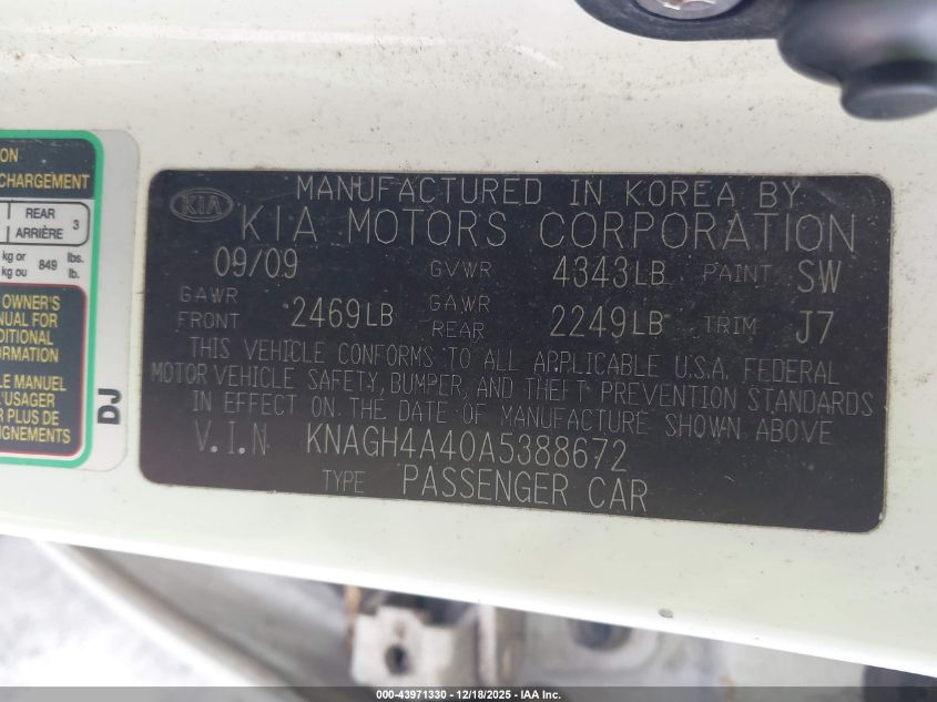 2010 Kia Optima Ex V6 VIN: KNAGH4A40A5388672 Lot: 43971330