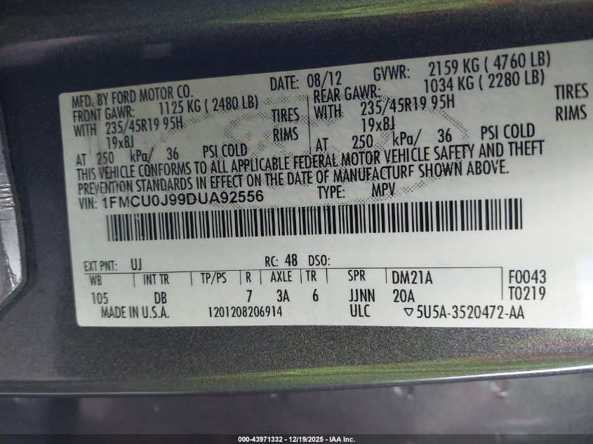 2013 Ford Escape Titanium VIN: 1FMCU0J99DUA92556 Lot: 43971332