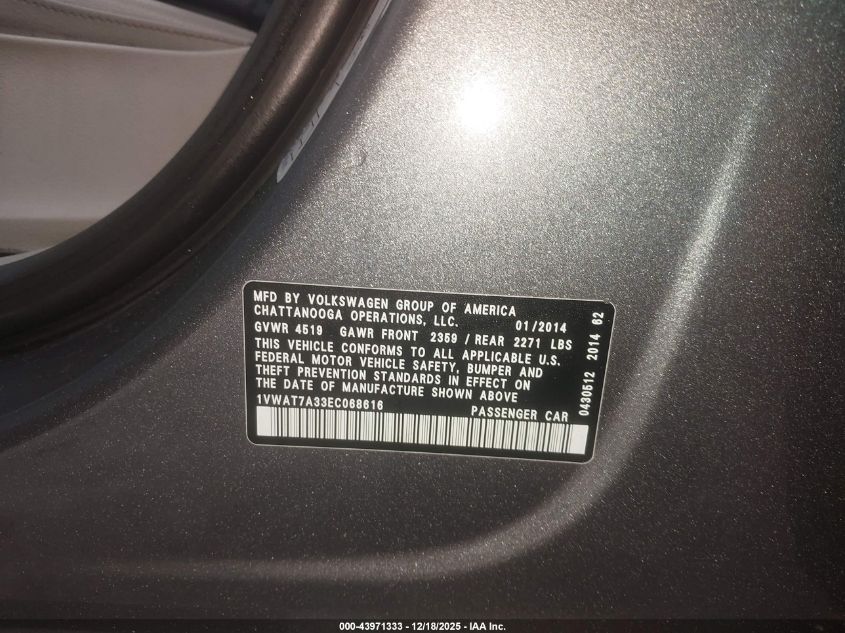 2014 Volkswagen Passat 1.8T Wolfsburg Edition VIN: 1VWAT7A33EC068616 Lot: 43971333