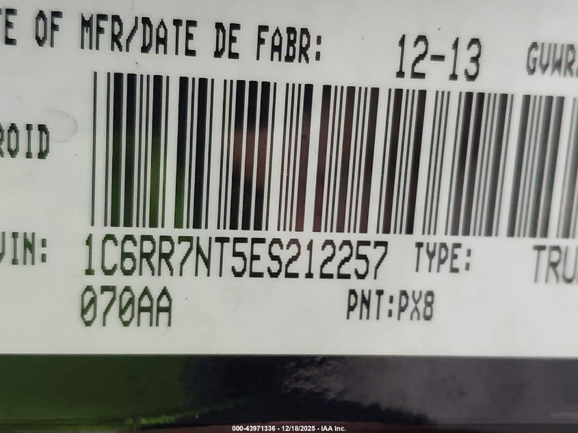 2014 Ram 1500 Laramie VIN: 1C6RR7NT5ES212257 Lot: 43971336