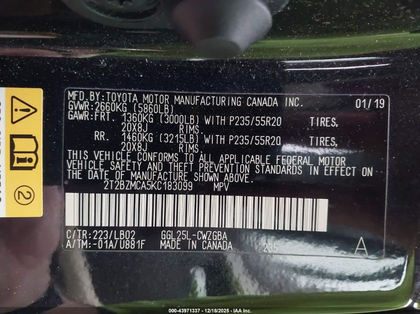 2019 Lexus Rx 350 VIN: 2T2BZMCA5KC183099 Lot: 43971337