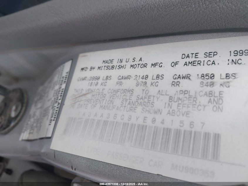 2000 Mitsubishi Galant De VIN: 4A3AA36G9YE041567 Lot: 43971338