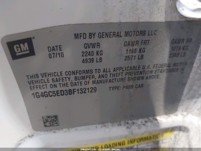 2011 Buick Lacrosse Cxl VIN: 1G4GC5ED3BF132129 Lot: 43971339