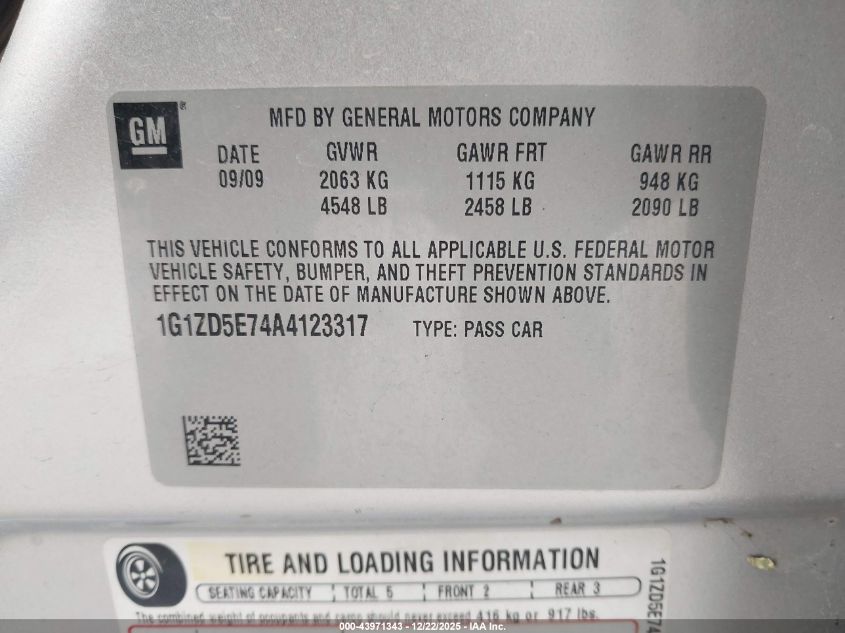 2010 Chevrolet Malibu Lt VIN: 1G1ZD5E74A4123317 Lot: 43971343