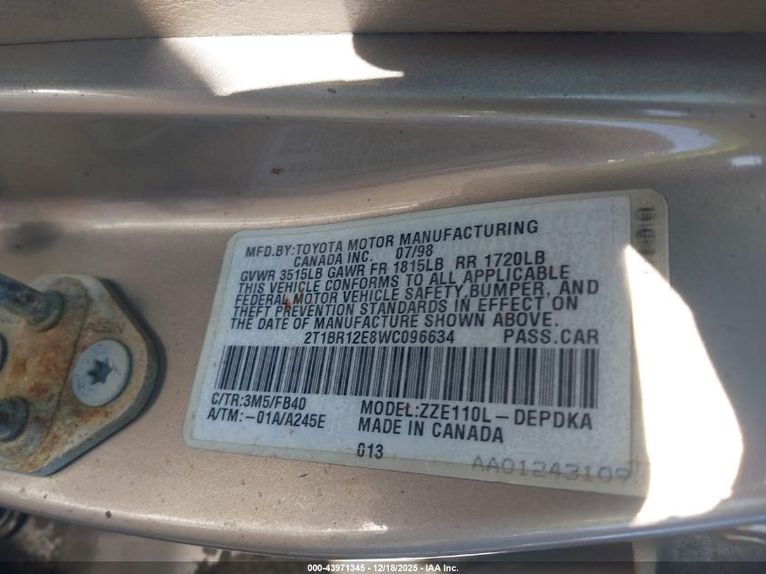 1998 Toyota Corolla Ce VIN: 2T1BR12E8WC096634 Lot: 43971345