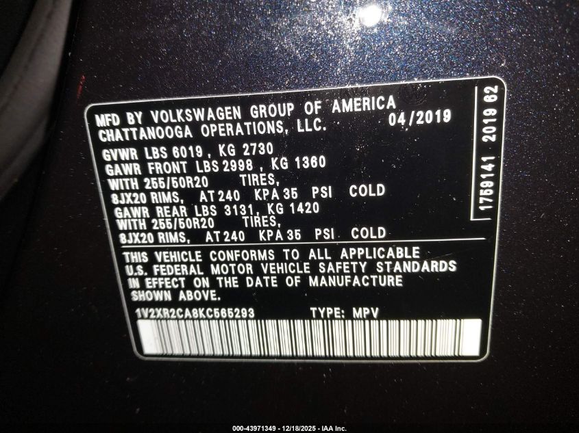 2019 Volkswagen Atlas 3.6L V6 Se W/Technology R-Line VIN: 1V2XR2CA8KC565293 Lot: 43971349