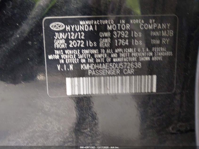 2013 Hyundai Elantra Limited VIN: KMHDH4AE5DU572638 Lot: 43971352