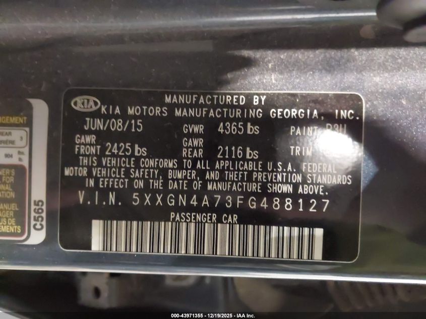 2015 Kia Optima Ex VIN: 5XXGN4A73FG488127 Lot: 43971355