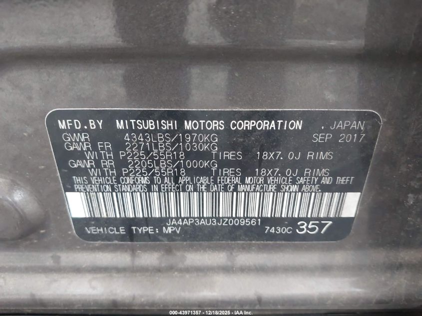 2018 Mitsubishi Outlander Sport 2.0 Es VIN: JA4AP3AU3JZ009561 Lot: 43971357