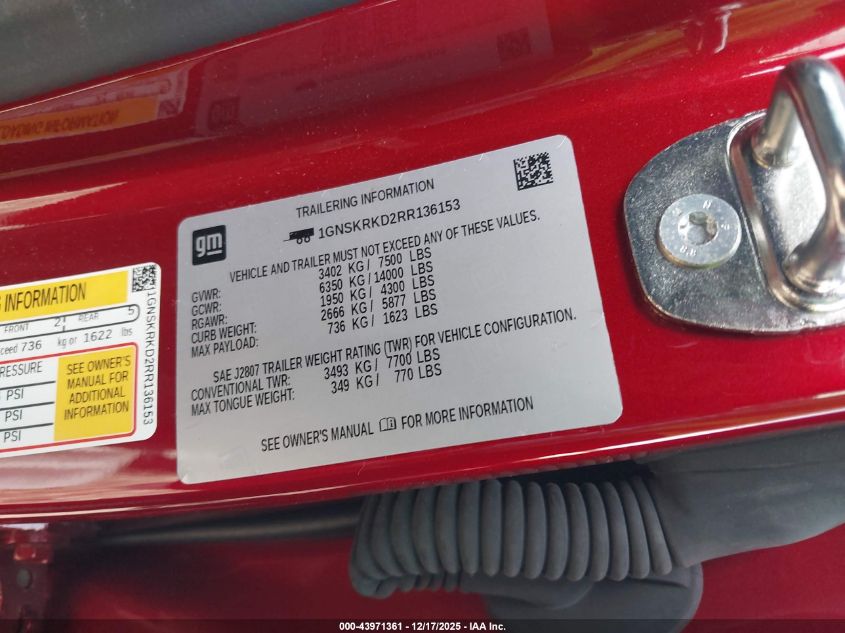 2024 Chevrolet Tahoe 4Wd Rst VIN: 1GNSKRKD2RR136153 Lot: 43971361