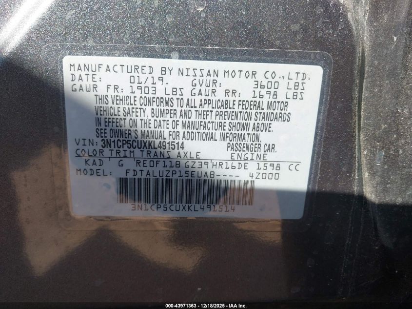 2019 Nissan Kicks Sr VIN: 3N1CP5CUXKL491514 Lot: 43971363