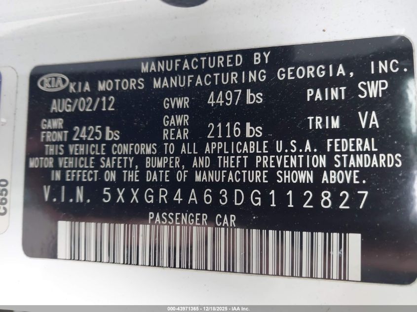 2013 Kia Optima Sx VIN: 5XXGR4A63DG112827 Lot: 43971365