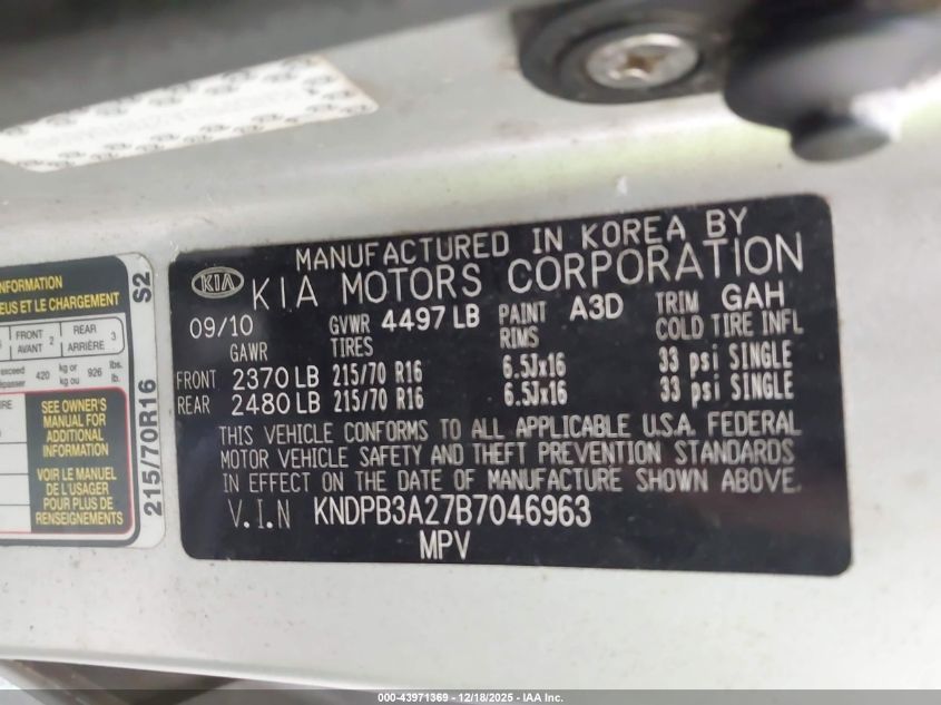 2011 Kia Sportage Lx VIN: KNDPB3A27B7046963 Lot: 43971369