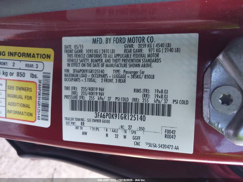 2016 Ford Fusion Titanium VIN: 3FA6P0K91GR125140 Lot: 43971372